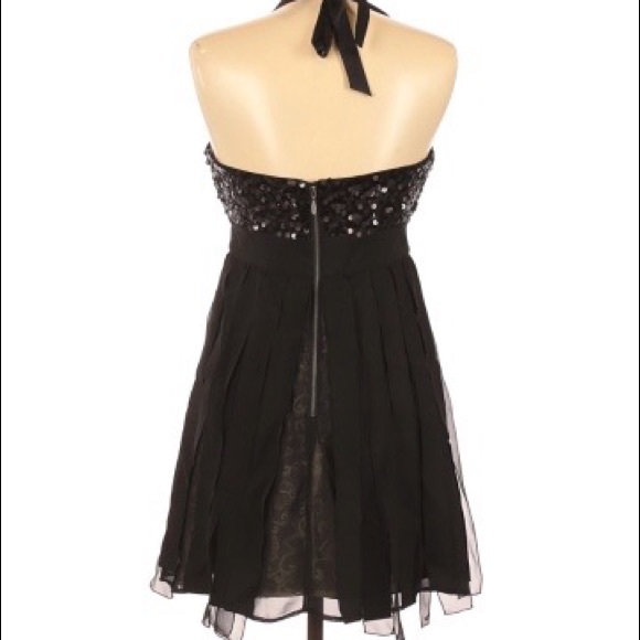 BEBE Sequin Halter CARWASH Fringed LBD Little Black MINI Cocktail DRESS S - Picture 2 of 3